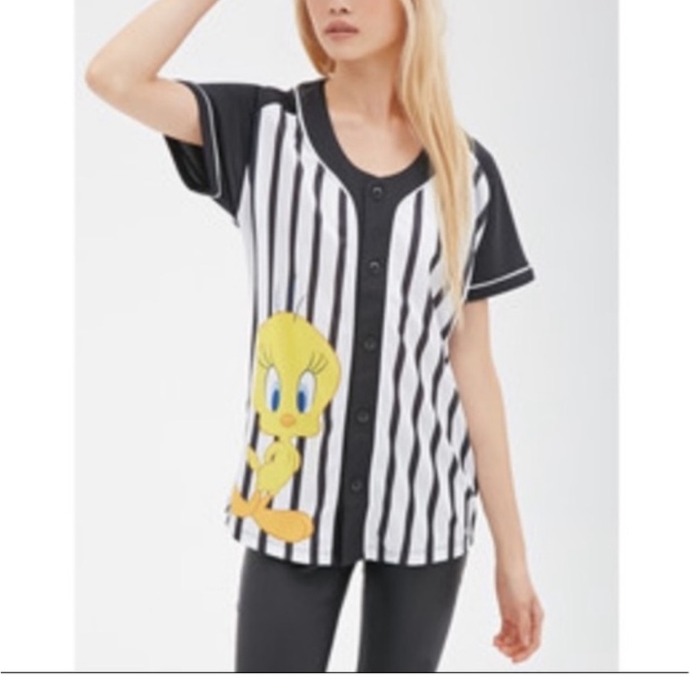 Warner Bros. X Forever 21 Sz Small Tweety 01 Black and Yellow Pinstriped Jersey